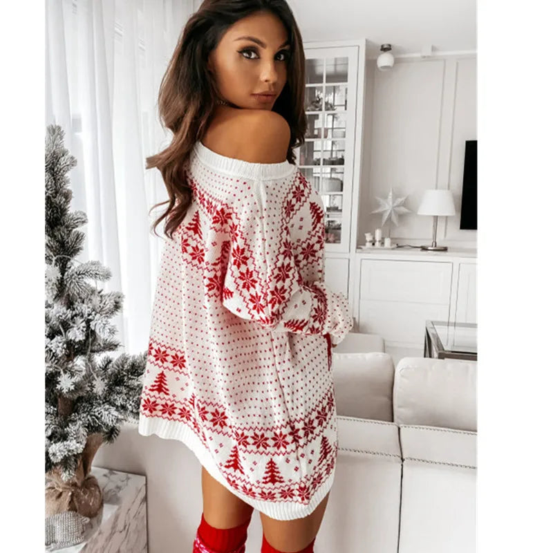Christmas Fashion Print Knitted Slanted Neck Sweater Long Sleeve Autumn And Winter Versatile Long Pullover Pull En Maille Femme