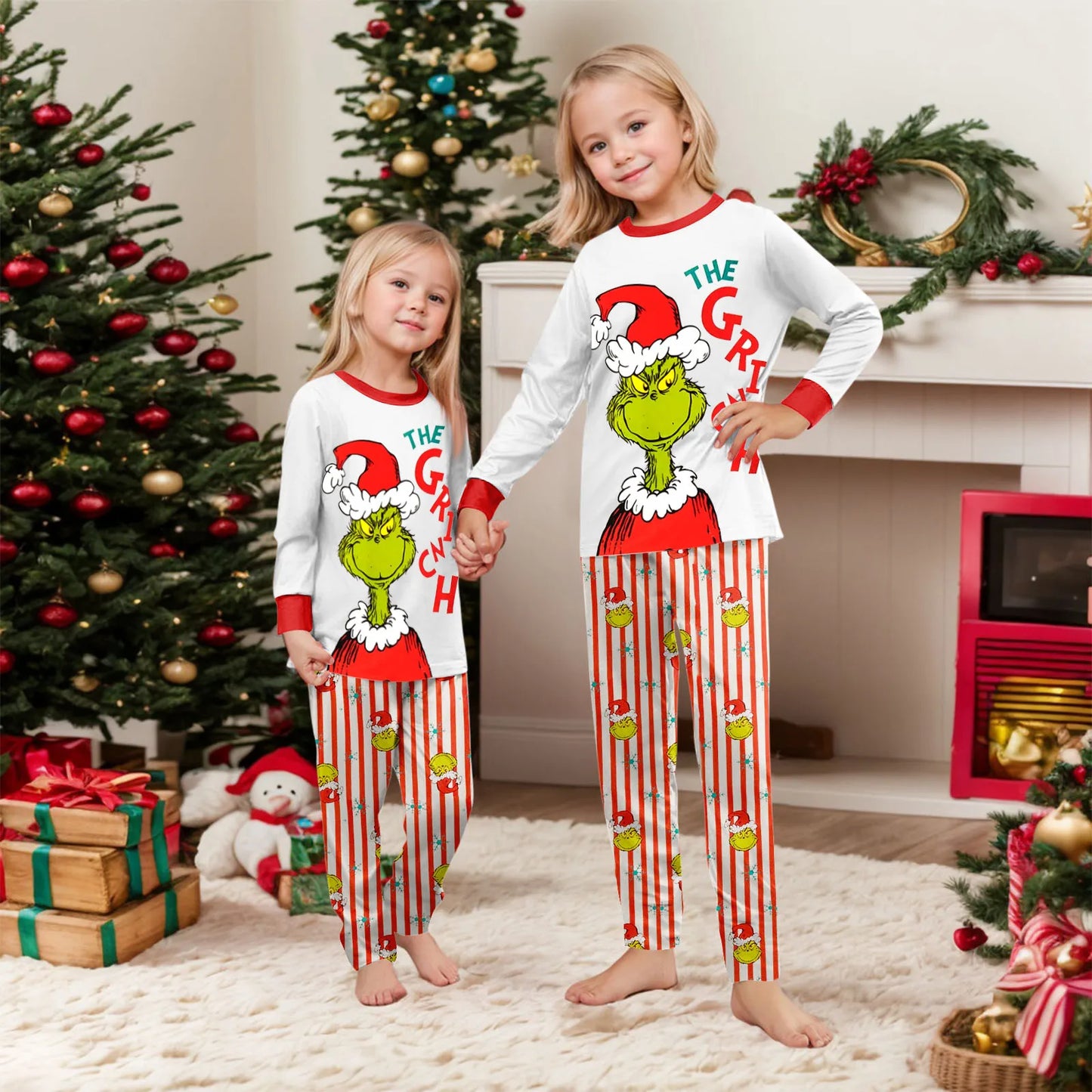  Family Christmas Cartoon Print Pajamas Set, Cozy Holiday Pjs For Photo Shoots & Christmas Morning, Festive Family Sleepwear