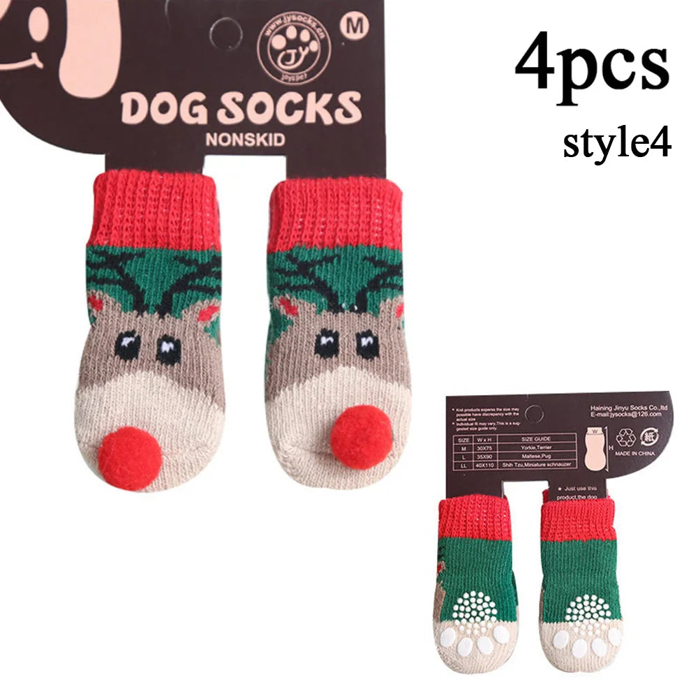 4pcs/set Winter Dog Socks Cute Pattern Foot Covers Warm Anti Slip Shoes Puppy Paw Protector Christmas Gift for Puppy Cat Dogs