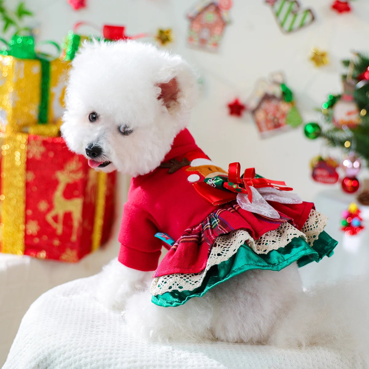 Pet Clothes Snowflake Elk Christmas Dress Red Winter Thickened Clothing Christmas Costume with Bow Decoration