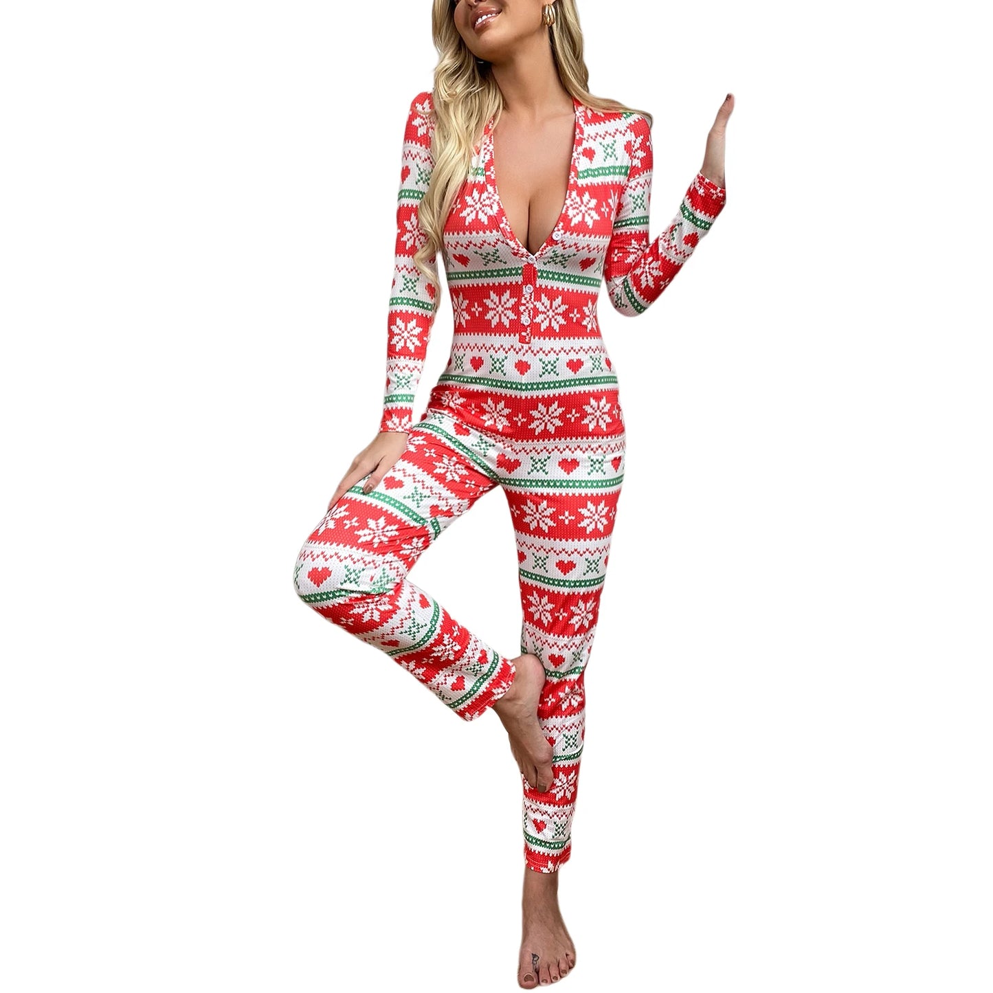 Latest Women's Pajamas Christmas  Jumpsuit Button V Neck Long Sleeve Christmas Cartoon Print  Pajamas