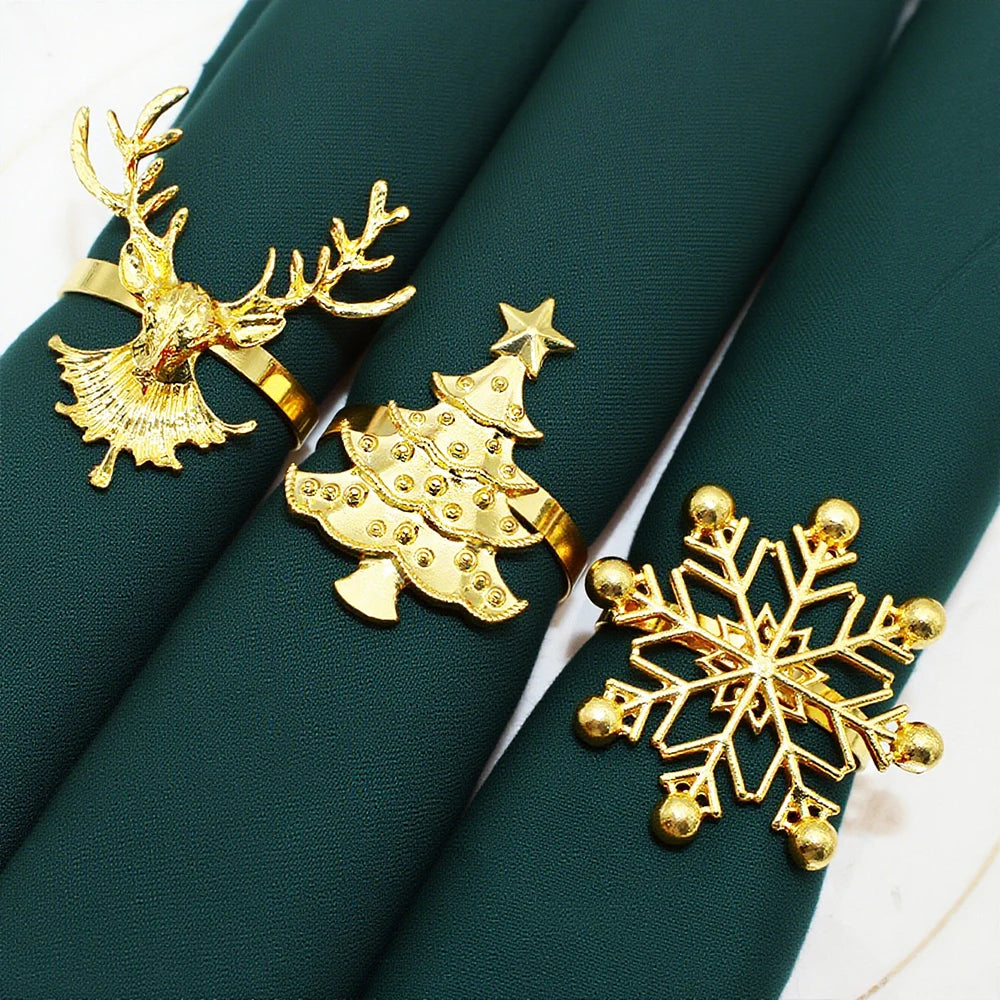 6Pcs Christmas Napkin Rings Gold Metal Snowflake Deer Serviette Buckle Xmas Tree Napkin Holder for Home Christmas Table Decor