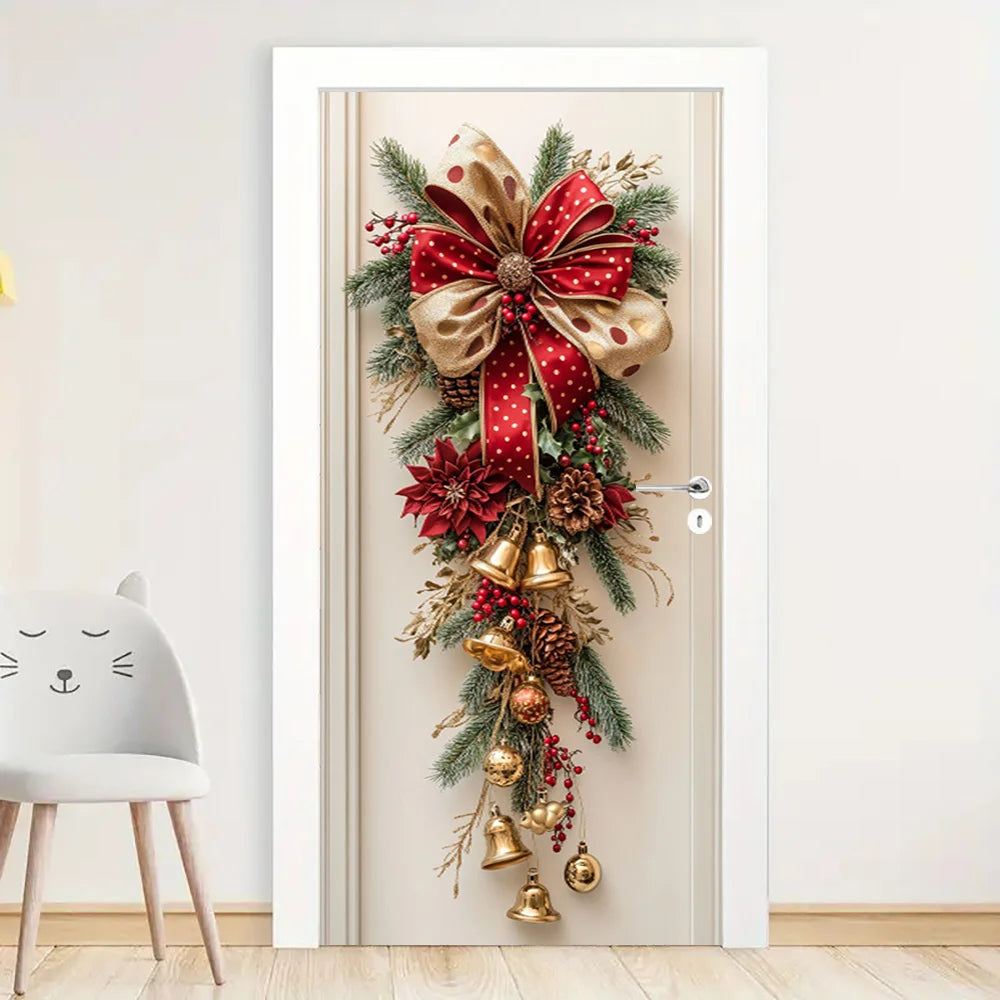 Christmas Wall Hanging Decoration – Red Bells & Green Leaves Holiday Decor