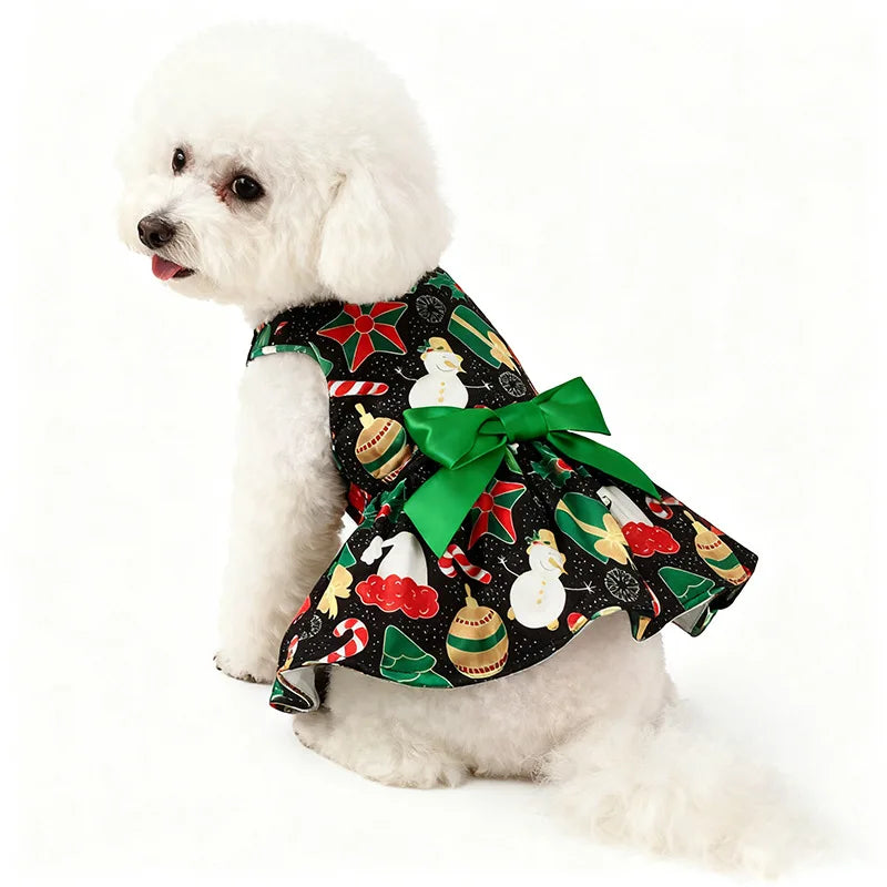 Christmas Dog Dress with Bow, Festive Printed Pet Skirt, Lightweight Holiday Outfit, Sizes M–6XL for Small to Large Dogs