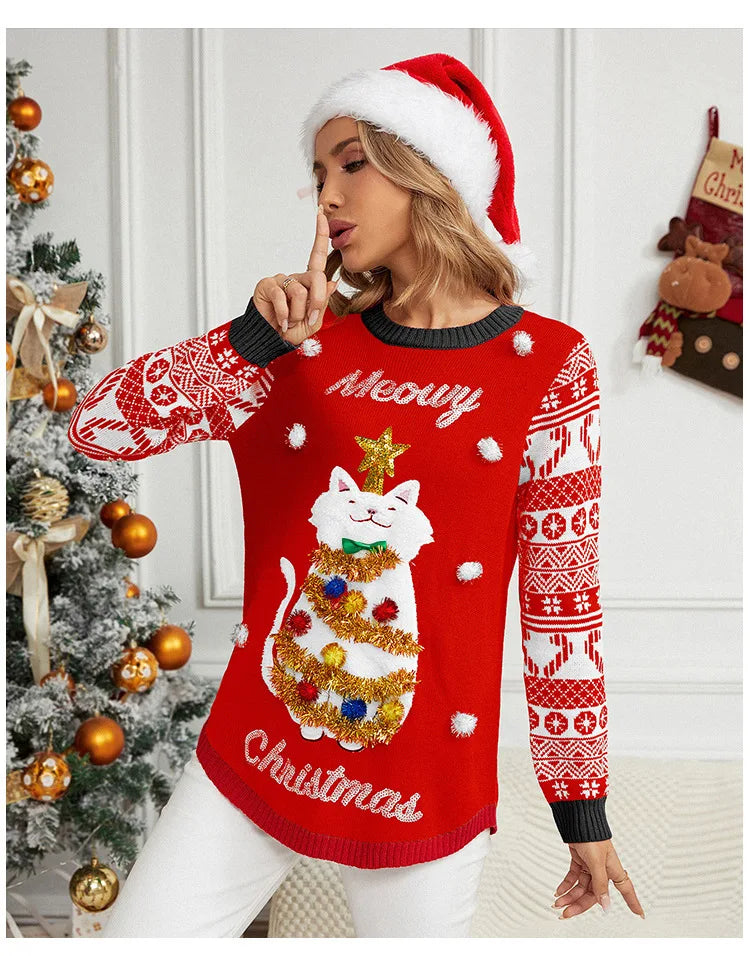 Sweater Women Christmas 2024 Ugly Sweater New Cartoon Cat Print O-Neck Autumn Winter Thick Loose Knitwears Tops Xmas Pullover