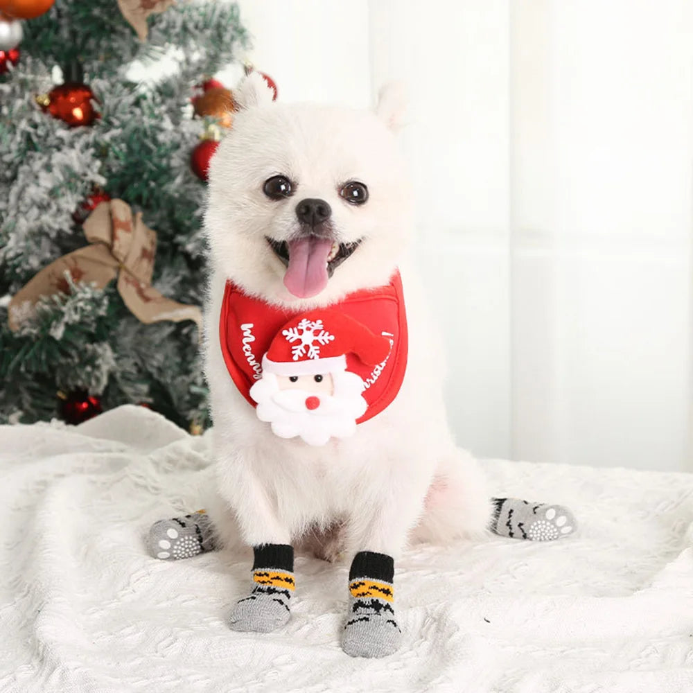 4pcs/set Winter Dog Socks Cute Pattern Foot Covers Warm Anti Slip Shoes Puppy Paw Protector Christmas Gift for Puppy Cat Dogs