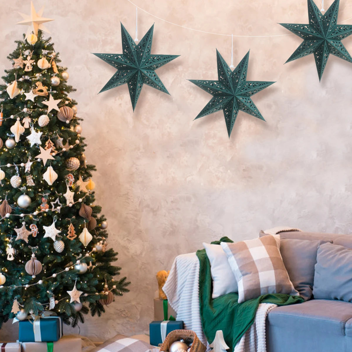 Christmas Paper Star Pendant Merry Christmas Decorations for Home 2025 Navidad Xmas Tree Hanging Lampshades Ornament New Year