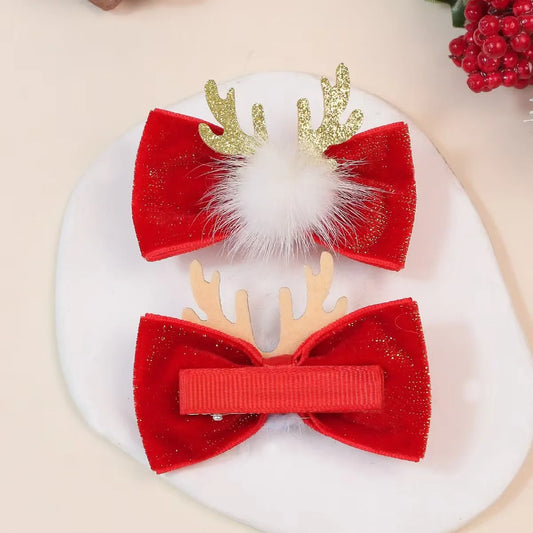 2/6PCS Cute Winter Dog Bows with Metal Clip Antlers Red Velvet Bow Dog Hairpins Handmade Cat Puppy Bow for Christmas Accesso