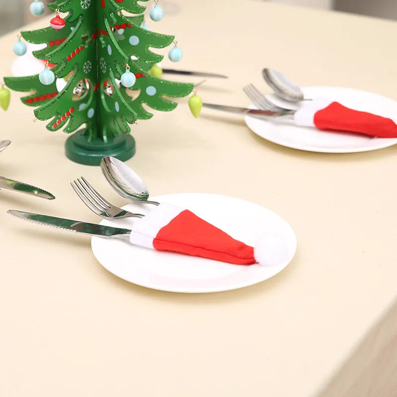 Christmas Decoration Tableware Holder Bag Christmas Hat Fork Knife Cutlery Bag Xmas Home Kitchen Decor Ornament Navidad New Year
