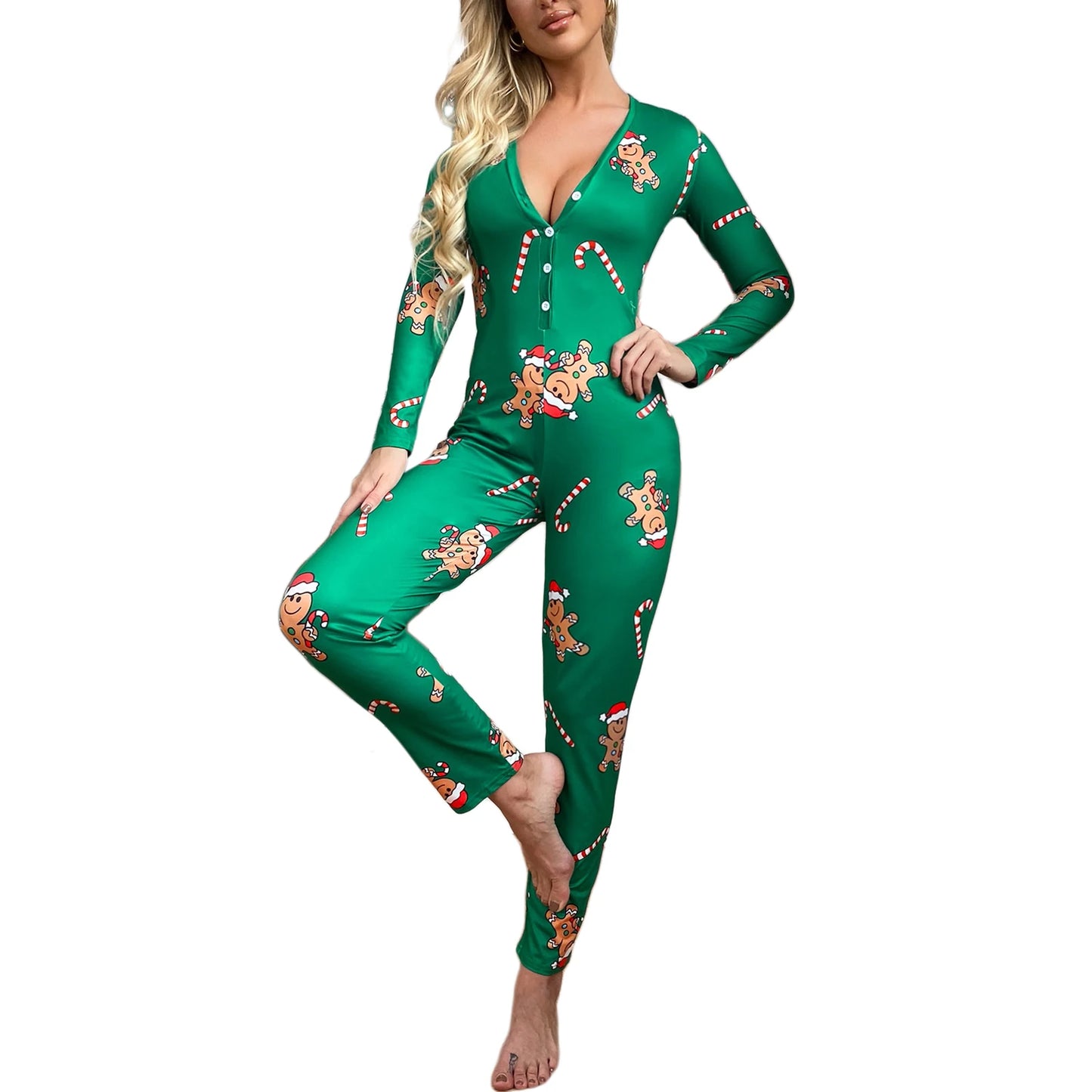 Latest Women's Pajamas Christmas  Jumpsuit Button V Neck Long Sleeve Christmas Cartoon Print  Pajamas
