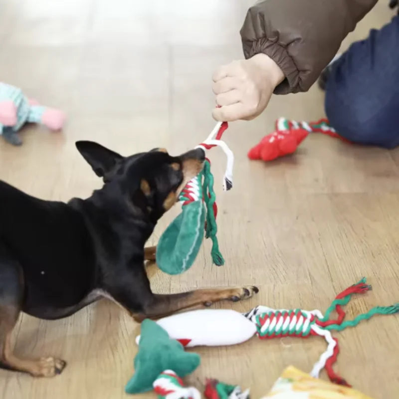 Pets Christmas Supplies Dog Squeakey Chew Toys Cotton Ropes Knot Molar Bite Toy Funny Cute Puppies Interactive Toy Xmas Gift