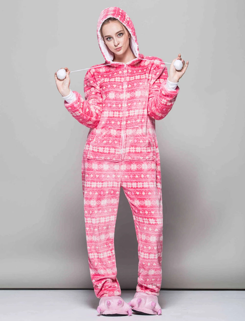 Christmas Adult One-piece Pajamas for Women Zip Up Prints Hooded Onesies Costume Men’s and Women’s Matching Holiday Jumpsuits