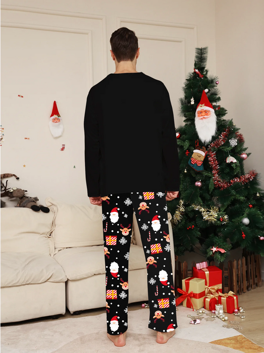 Merry Christmas Couple Pajamas - Long Sleeve Black Santa Print & Festive Pattern Pants Set
