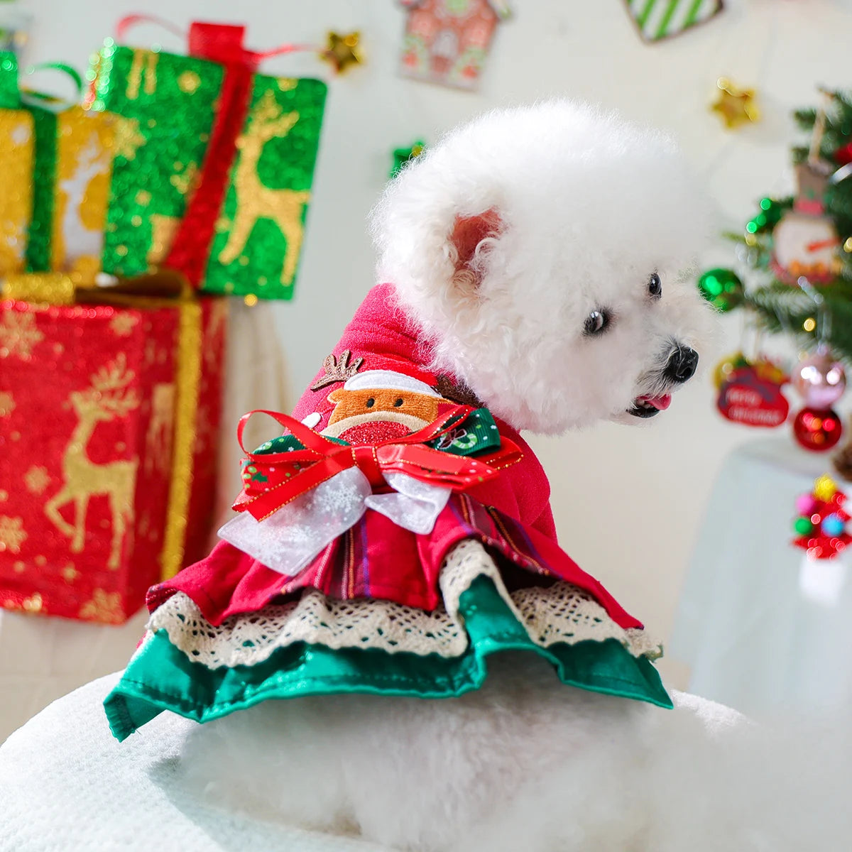 Pet Clothes Snowflake Elk Christmas Dress Red Winter Thickened Clothing Christmas Costume with Bow Decoration