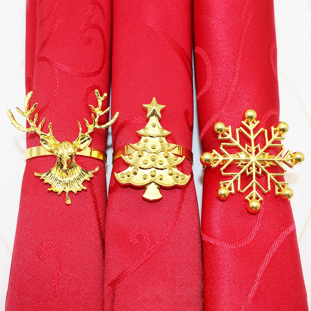 6Pcs Christmas Napkin Rings Gold Metal Snowflake Deer Serviette Buckle Xmas Tree Napkin Holder for Home Christmas Table Decor