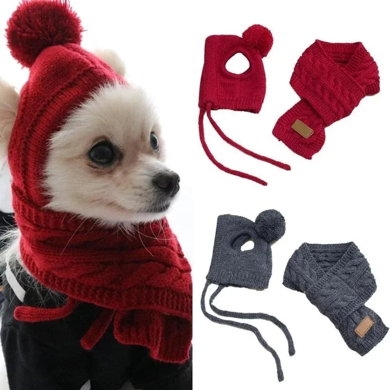 Hat for Dogs Winter Warm Stripes Knitted Hat+Scarf Collar Puppy Teddy Costume Christmas Clothes Santa Dog Costume