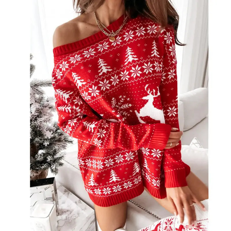 Christmas Fashion Print Knitted Slanted Neck Sweater Long Sleeve Autumn And Winter Versatile Long Pullover Pull En Maille Femme
