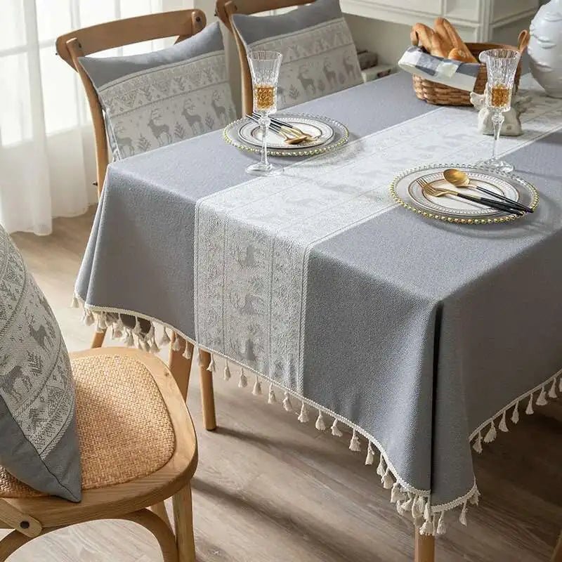 Christmas Deer Tablecloth Cotton Linen Fabric Dining Table Cloth Light Luxury High-end Rectangular Tablecloth Tassel Cover Cloth