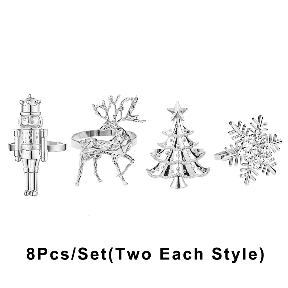 8Pcs Christmas Napkin Rings Set Nutcracker Soldier Elk Xmas Tree Snowflake Napkin Holders for New Year 2025 Party Table Decor