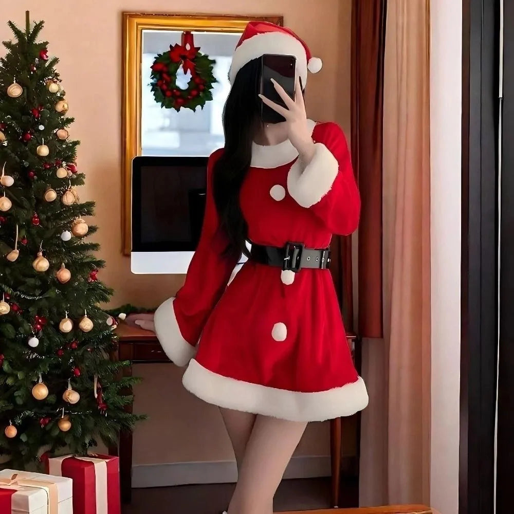 Comfortable Christmas Dress Women Pajamas New Year Red Dress Suit Sweet High Waist Long Sleeve Nightwear Girl