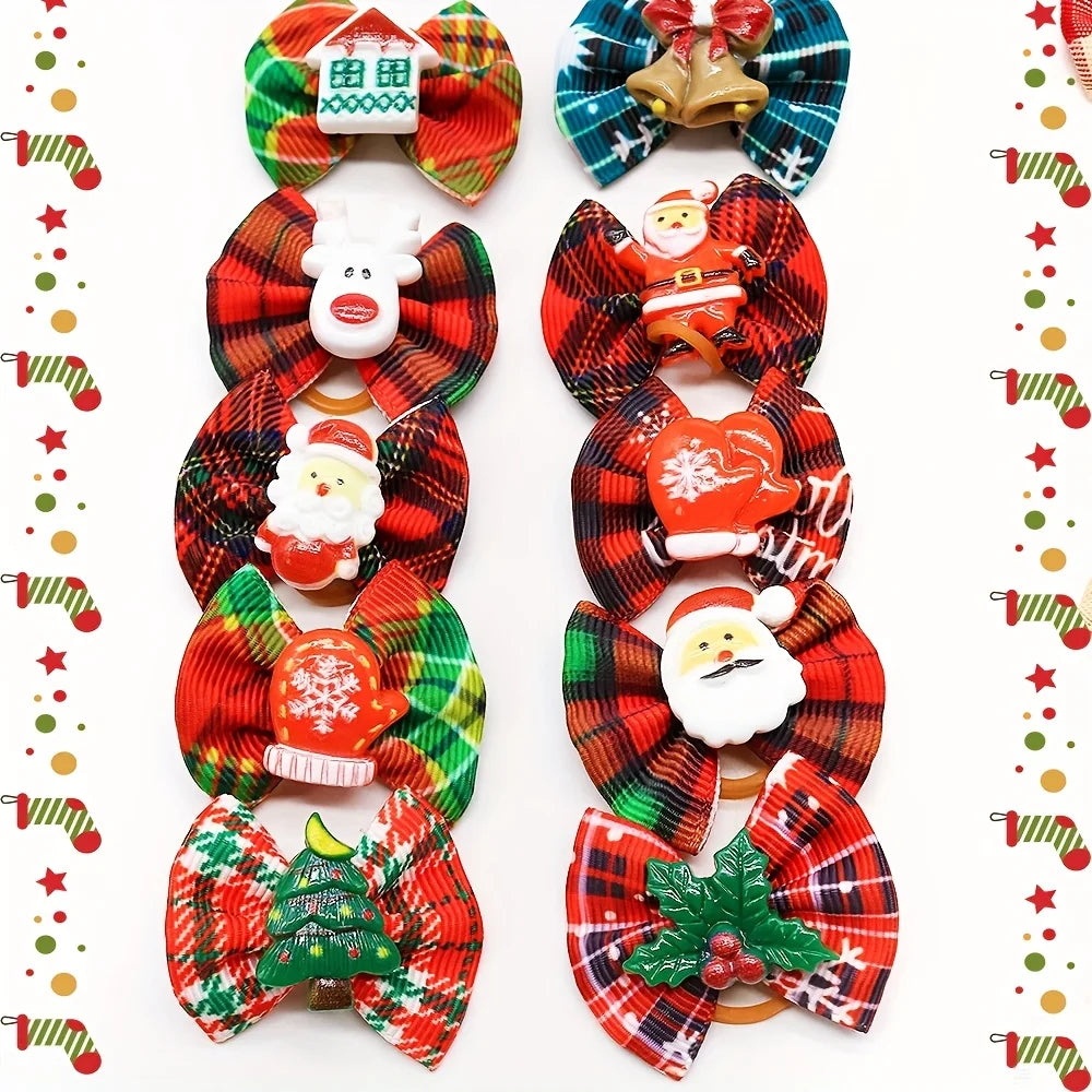 Christmas Pet Hair Bows, 5Pcs Random Style Dog Hair Clips with Santa Snowman Prints, Festive Pet Grooming ，Small Dog and cat