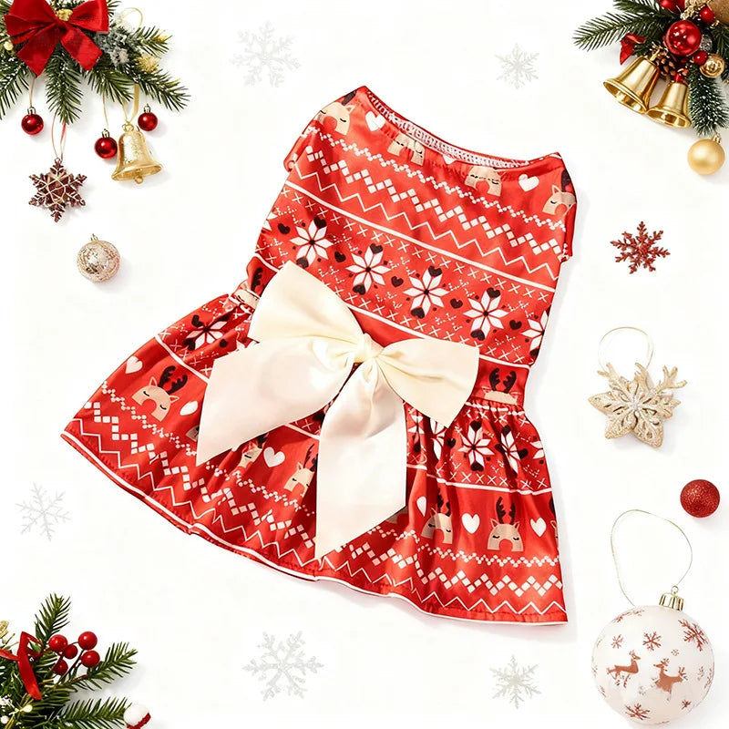 Christmas Dog Dress with Bow, Festive Printed Pet Skirt, Lightweight Holiday Outfit, Sizes M–6XL for Small to Large Dogs