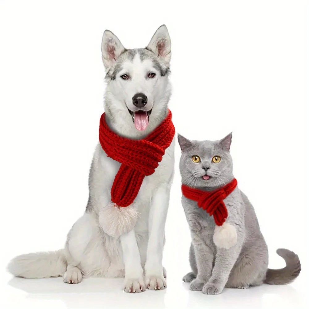 1Pcs Dog Knitted Scarf Red Knit Scarves With Pompom Neck Warmer Bandana Christmas Festival Party Pet Puppy Cat Decor Accessories