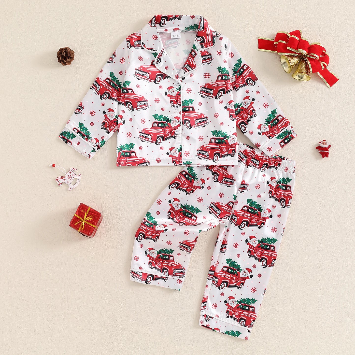 BeQeuewll Christmas Kids Girls Boys Pajamas Set Satin Santa Claus Button Children Sleepwear Long Sleeves Shirt Pants Loungewear
