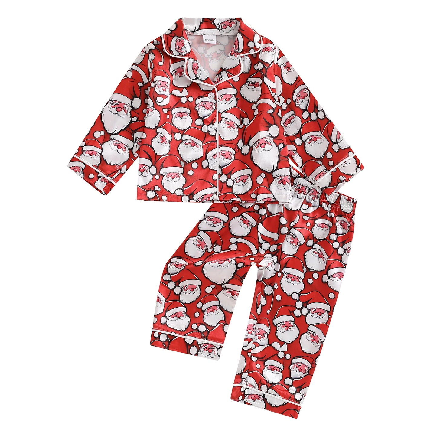 BeQeuewll Christmas Kids Girls Boys Pajamas Set Satin Santa Claus Button Children Sleepwear Long Sleeves Shirt Pants Loungewear