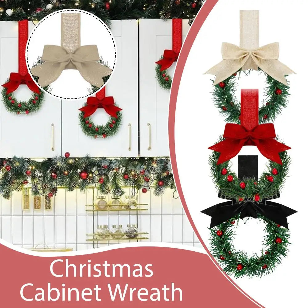 6Pcs Christmas Kitchen Wreath Decoration with Ribbon Bow Christmas Cupboard Wreath Decoration Christmas Home Party Decoration
