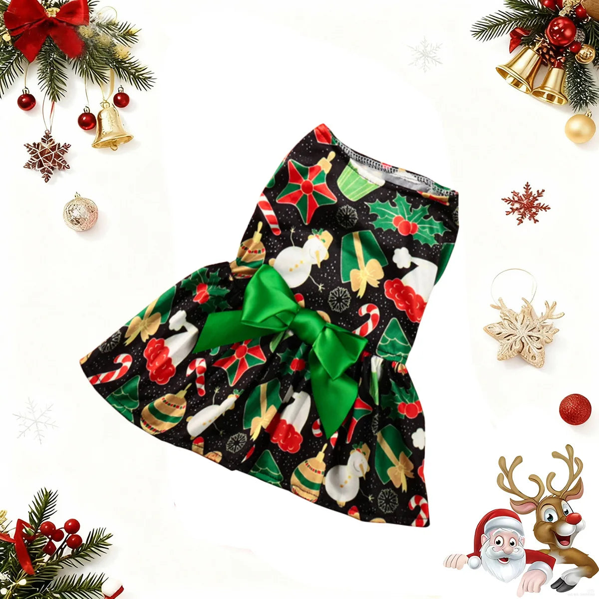 Christmas Pet Clothes Round Neck Sleeveless Printed Dress Santa Claus Snowflake for Small Medium Large Dogs New Year Present