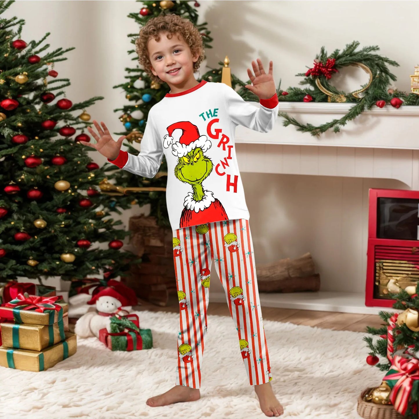  Family Christmas Cartoon Print Pajamas Set, Cozy Holiday Pjs For Photo Shoots & Christmas Morning, Festive Family Sleepwear