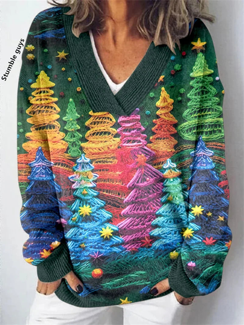 Women's Christmas Sweater Autumn Winter Casual Fashion European American Warm Deer Snowman Dog Print Y2K Knit Top