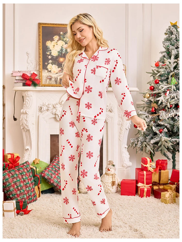 Meet'r New Year Christmas Long Sleeved Long Pants Home Clothes Underwear Snowflake print Pajamas Ladies' Comfortable Pajamas