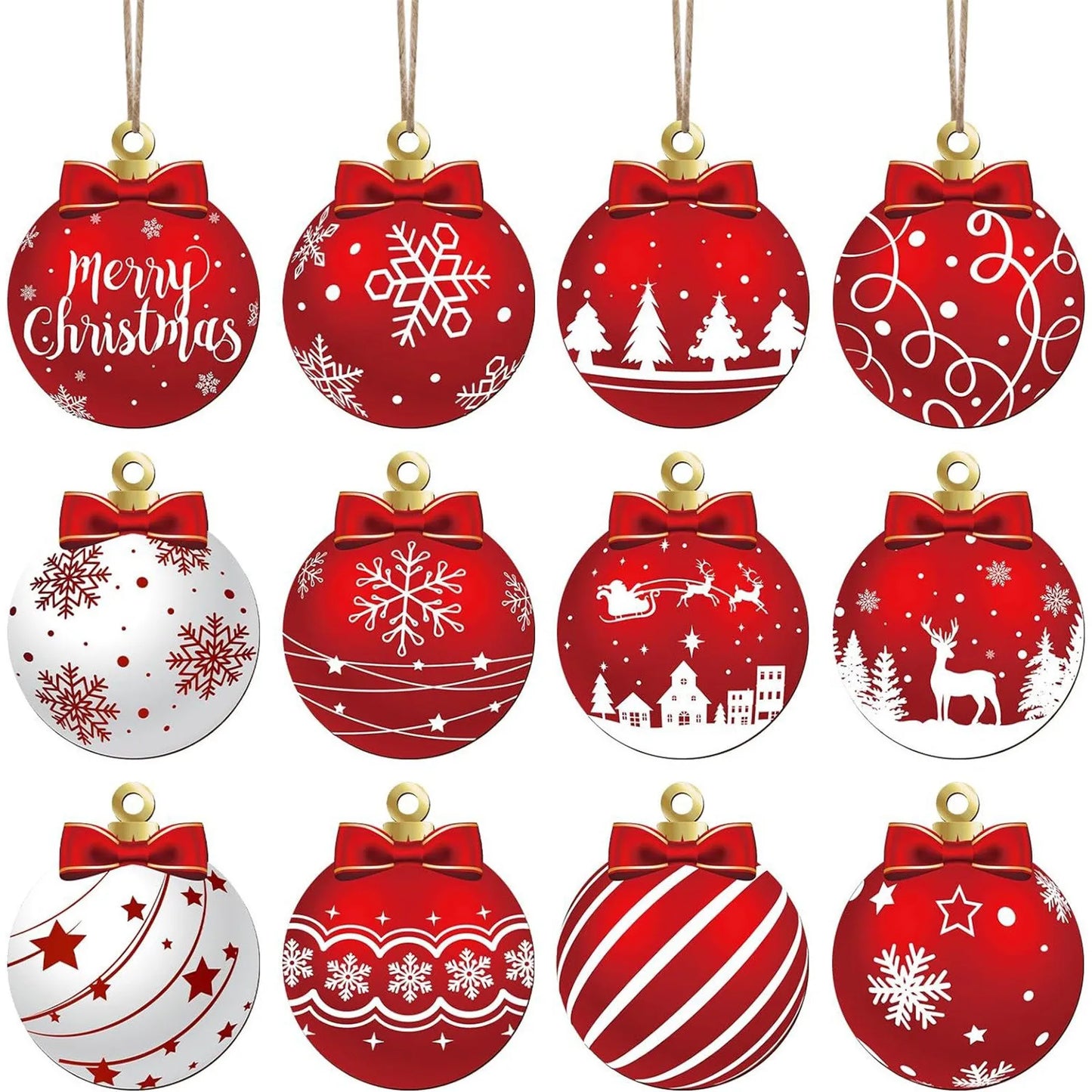 12pcs New Flat Christmas Tree Ornaments Set Wood 2026 Christmas Tree Hanging Ornaments Kits Home Decor 2D Wooden Ornaments