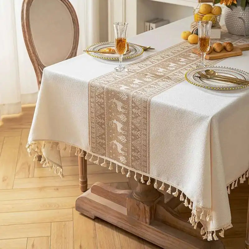 Christmas Deer Tablecloth Cotton Linen Fabric Dining Table Cloth Light Luxury High-end Rectangular Tablecloth Tassel Cover Cloth