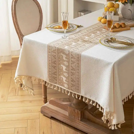 Christmas Deer Tablecloth Cotton Linen Fabric Dining Table Cloth Light Luxury High-end Rectangular Tablecloth Tassel Cover Cloth