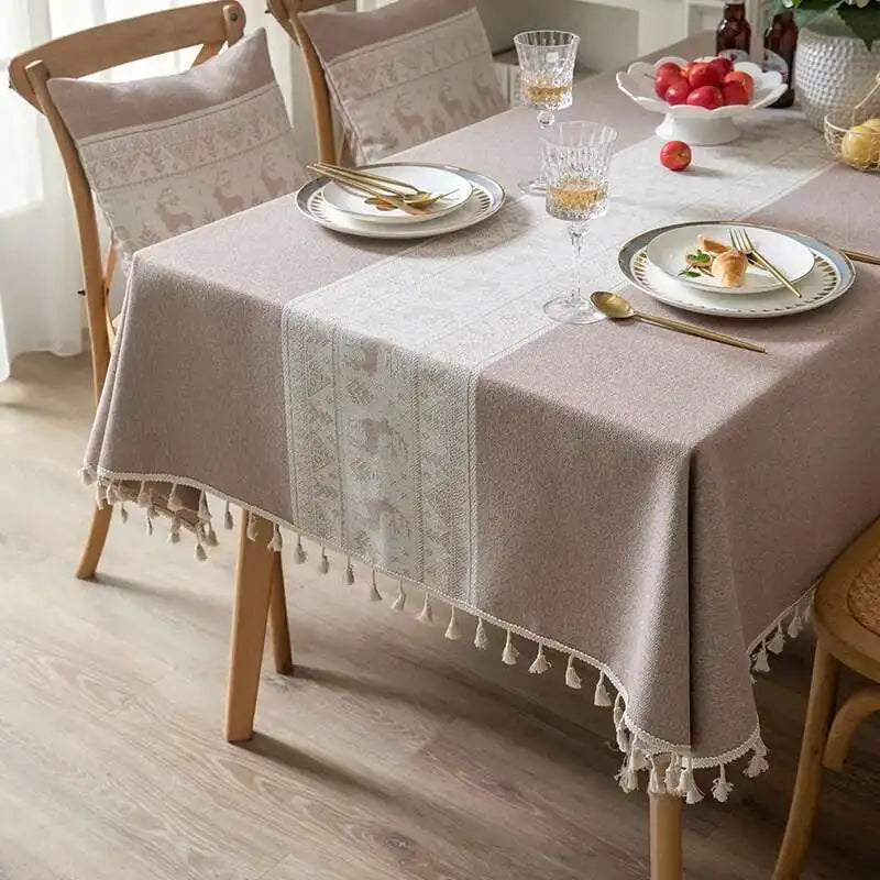 Christmas Deer Tablecloth Cotton Linen Fabric Dining Table Cloth Light Luxury High-end Rectangular Tablecloth Tassel Cover Cloth