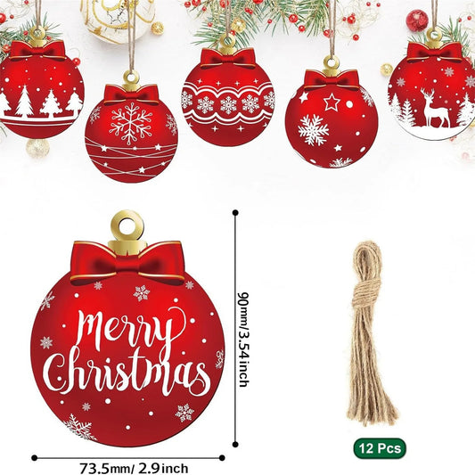 12pcs New Flat Christmas Tree Ornaments Set Wood 2026 Christmas Tree Hanging Ornaments Kits Home Decor 2D Wooden Ornaments