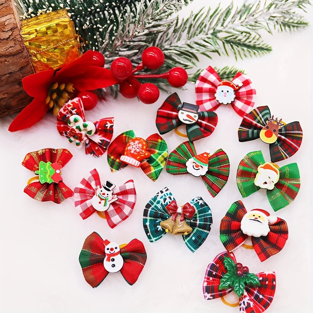 Christmas Pet Hair Bows, 5Pcs Random Style Dog Hair Clips with Santa Snowman Prints, Festive Pet Grooming ，Small Dog and cat