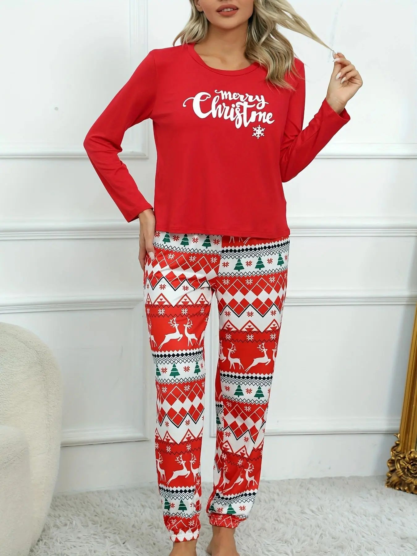 Pijamas Christmas Gift Sleepwear Spring Autumn Female 2PCS Pajamas Set Red Print Elk Long Sleeve Trouser Suits Loose Home Wear