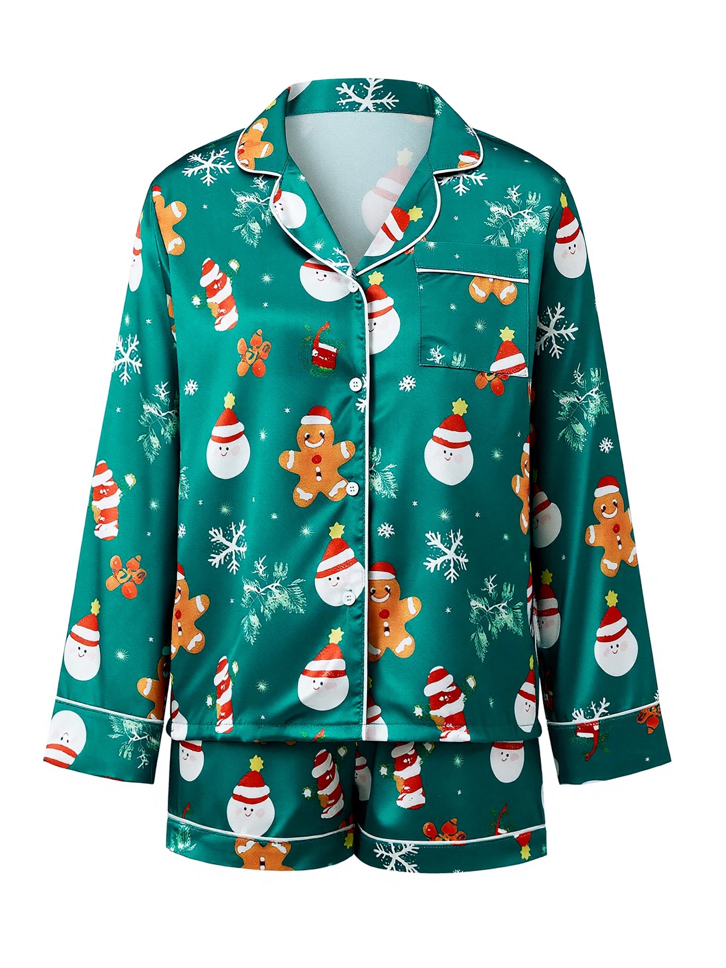 Women 2 Piece Christmas Pajama Set Printed Long Sleeve Button-up Tops and Elastic Waist Shorts