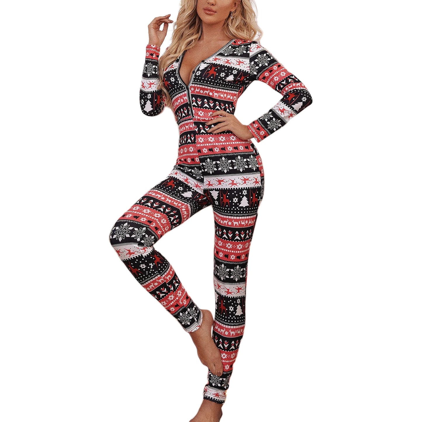Latest Women's Pajamas Christmas  Jumpsuit Button V Neck Long Sleeve Christmas Cartoon Print  Pajamas