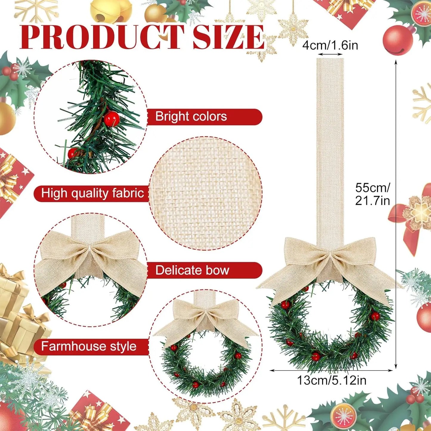 Christmas Kitchen Cabinet Wreaths with Ribbon 3.94 Inch Mini Christmas Wreath Small Kitchen Xmas Decor for Window Door(Red）