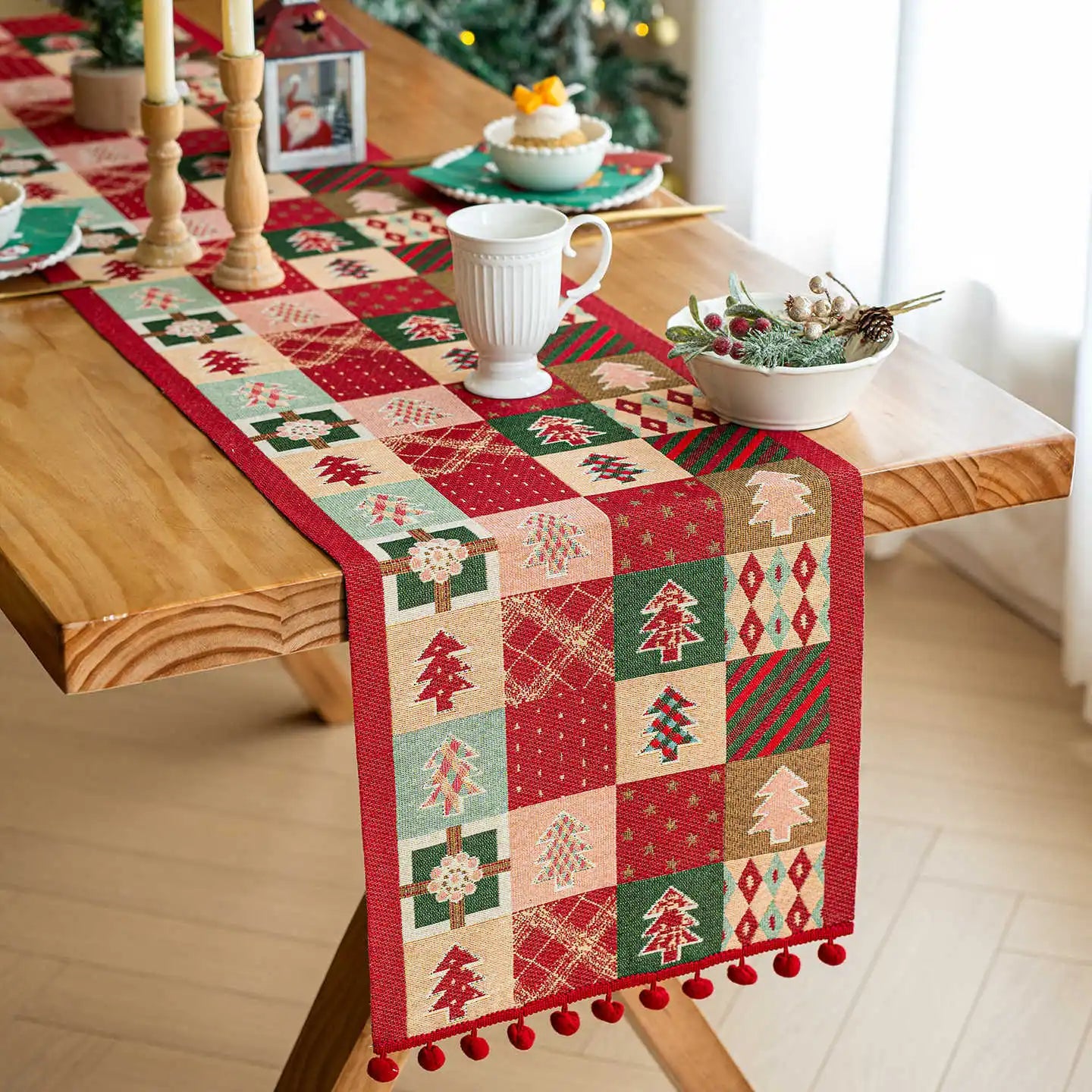 Retro Christmas Cotton and Linen Jacquard Table Runner Santa Claus Jacquard Long Table Runners Tv Cabinet Tablecloth Party Decor