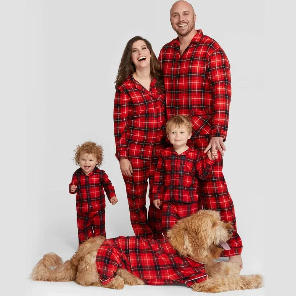 Christmas Pajama Set: Red checkered printed shirt + long pants 2-piece set, baby and dog jumpsuit for Christmas
