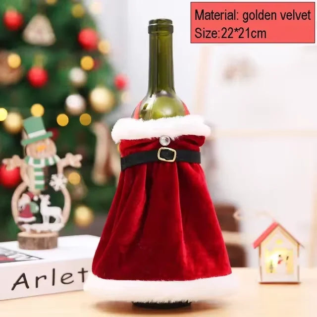 Christmas Wine Bottle Decoration Set – Gold Velvet Dress Bottle Sleeve