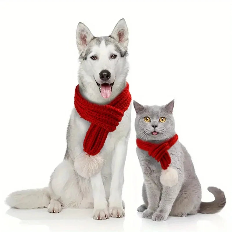 1Pcs Dog Knitted Scarf Red Knit Scarves With Pompom Neck Warmer Bandana Christmas Festival Party Pet Puppy Cat Decor Accessories