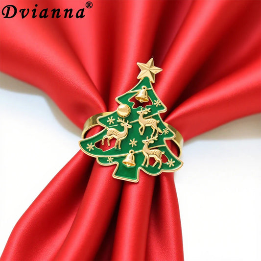6Pcs Christmas Tree Napkin Rings with Deer Snowflake Bell ,Festive Table Decor for New Year Wedding Family Dinner Party Supplies