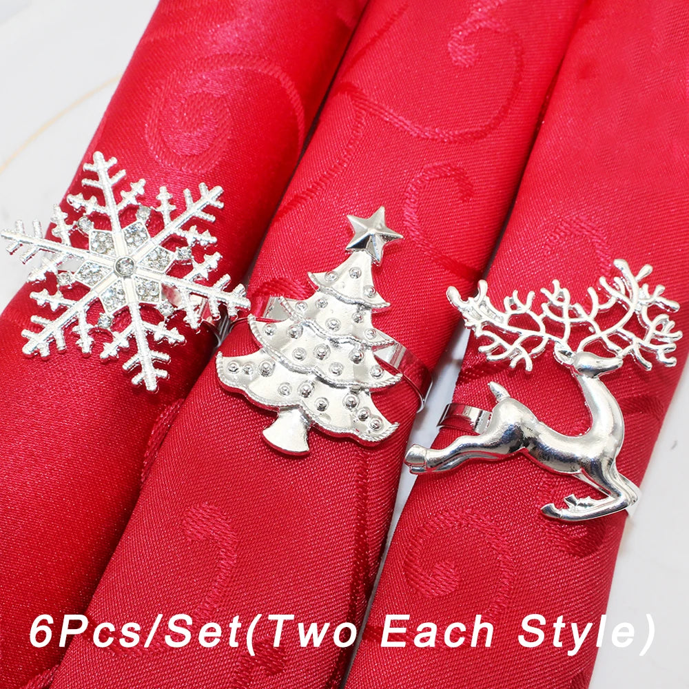 6Pcs Christmas Napkin Rings Gold Metal Snowflake Deer Serviette Buckle Xmas Tree Napkin Holder for Home Christmas Table Decor